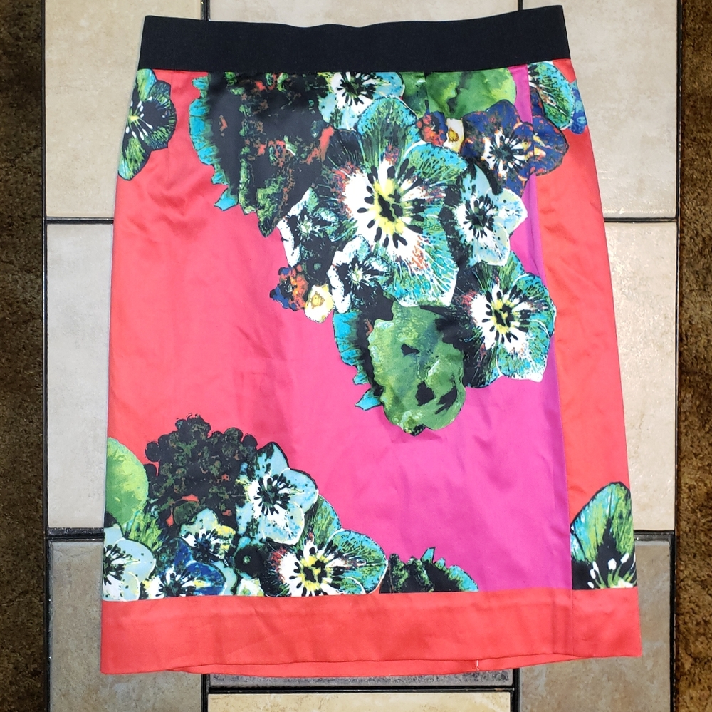 Carlisle Coral and Pink Floral Pencil Skirt with Black Waistband